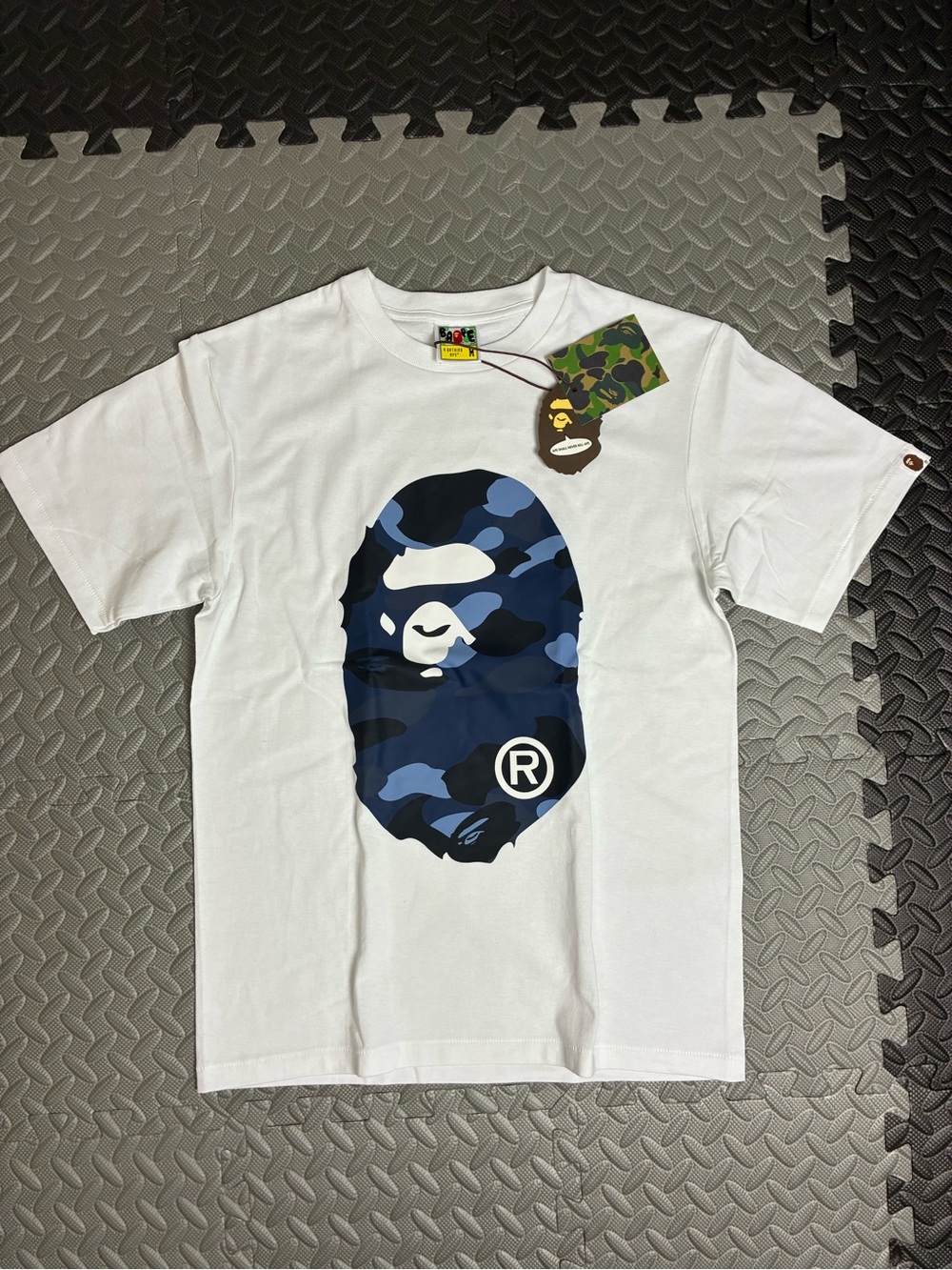 A Bathing Ape Kids' White T-Shirt with Blue Camo Ape Head